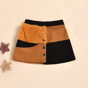 Meisjes Bont Patchwork Mini Rok Met Knoppen, Kinderen Contrast Kleur Hoge Taille A-lijn Rokken