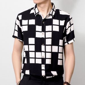 Show Jurk Shirt Mannen Korte Mouw Lattice Afdrukken Moda Hombre Casual Shirts Mannelijke Camisas Masculinas