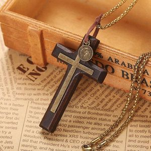 Vintage Bruin Kruis Hanger Ketting Voor Mannen Vrouw Hout Kruisbeeld Gebed Christelijke Religieuze Kettingen Mannelijke Sieraden