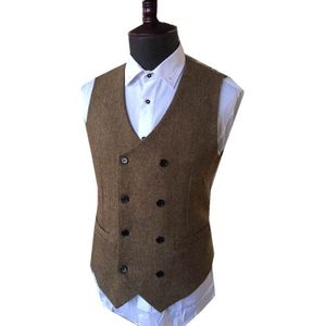 Showersmile Mens Double Breasted Vest Herfst Winter Wol Tweed Classic Slim Fit Pak Vest Britse Stijl Visgraat Jas