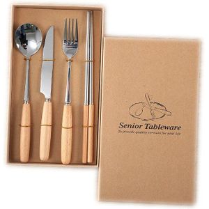 Steak Mes Vork Soep Scoop Eetstokjes Roestvrij Staal Servies Set Beukenhout Diner Dessert Servies Met Doos 4 Stks/set