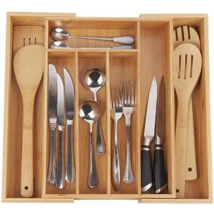 Kitchen Drawer Organizer Retractable Bamboo Cutlery Trays for Drawers Partitioned Tableware Knife Spoon Fork Storage Box