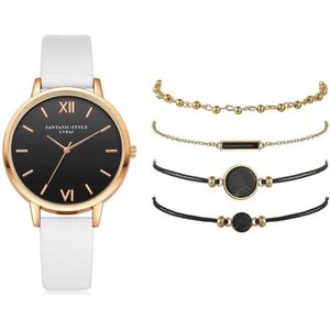5Pcs Set Top Stijl Mode Vrouwen Luxe Lederen Band Analoge Quartz Horloge Dames Horloge Vrouwen Jurk Reloj Mujer zwarte Klok