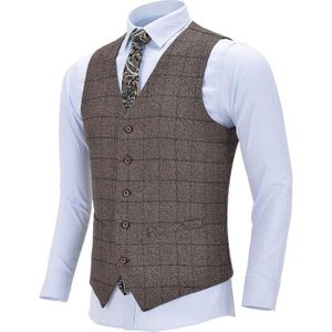Mens Business Vest Boutique Slim Fit Single-Breasted Katoenen Pak Wol Plaid Bruin Vest Voor Bruiloft Formele Vest Bruidsjonkers