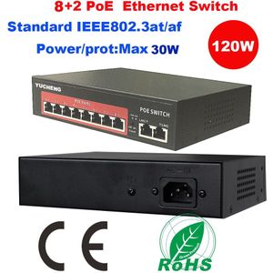 8CH Poort Poe Switch IEEE802.3 Op/Af 10 Poort 8 + 2 Poe 120W Ethernet Switch Injector Power over Ethernet Switch