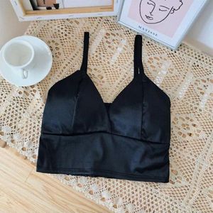 Vrouwen Draadloze Bralette Gehaakte Top Sexy Satin Crop Tops Vrouwelijke Spaghetti Band Tshirt Cropped Met Borst Padded Hemdje