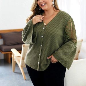 Herfst En Winter Trui Top Maat 4XL 5XL 6XL 7XL 8XL Vrouwen V-hals Knop Kant Trompet Mouwen Effen Kleur buste 133 Cm