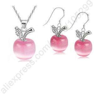 Snelle S925 Sterling Zilver Rood Apple Cat &#39;S Eye Stone Cz Ketting Hanger Oorbellen Sieraden Sets