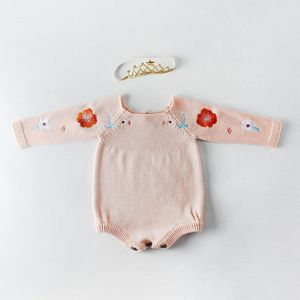 Baby Meisjes Gebreide Romper Pasgeboren Bloemen Borduren Kleding Rompertjes Lange Mouwen Baby Bodysuit Baby Overalls Kinderen Kleding