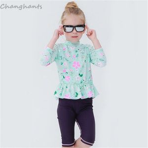 2-8Y Meisjes Lange Mouwen Rash Guard Kind 2 Stuk Badmode Roze Groen Bloem Kids Surf Pak Sandy Beachwear Zwemmen Zwembad