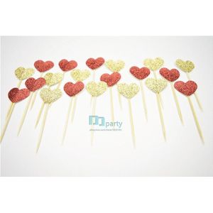 40 stks Rood Goud Glitter Hart cupcake toppers, bruiloft, valentines, keuken thee, bruids douche decor