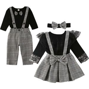 Cathery Baby Zus Broer Bijpassende Outfits Romper Jarretel Broek Kant Ruche T-shirt Plaid Rok Hoofdband Kleding Set