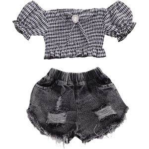 Baby Meisjes Kleding Sets Korte Mouw Off Shoulder Plaid T-shirts Tops Denim Shorts 2 Stuks Voor 2-9Y Zomer Peuter Mode kleding
