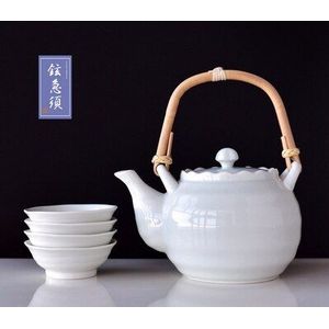 Japanse Celadon Verse Keramische Theepot Thee Pot Cup Set Porselein Bloemen Thee Set Wit Eenvoudige Theewaar Bamboe Lade Plaat
