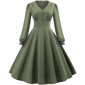 Lente Herfst Knop Midi Vrouwen Jurk Lange Mouwen Office Lady Dress Casual V-hals Tuniek Swing Jurken Army Green Vestido