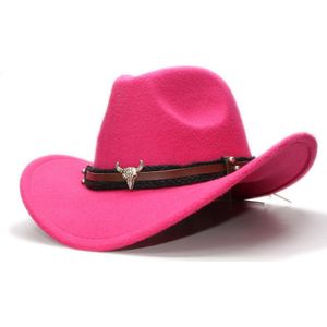 Retro Vintage Vrouwen Mannen Wol Brede Rand Cowboy Western Cowgirl Bolhoed Fedora Cap Bull Head Oxhead Braid Band (57Cm/Aanpassen)