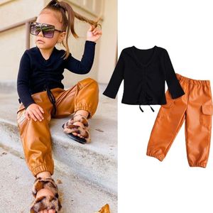 Peuter Baby Meisje Lange Mouw V-hals Trui Tops + Pu Lederen Broek Kinderen Outfits 2 Stuks Kleding set