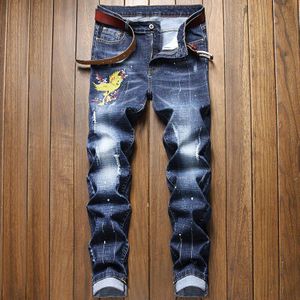 , mannen Geborduurde Jeans Stretch Broek Mannen Gescheurde Jeans Gemorst Inkt Jeans Geborduurde Broek Mannen Plus Size Broek