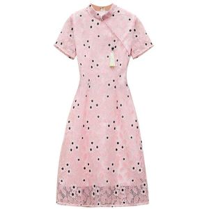 Grote Plus Size M-4XL Vintage Chinese Roze Kant Qipao Casual Party Vrouwen A-lijn Jurk Korte Mouw Zomer Cheongsam Jurken