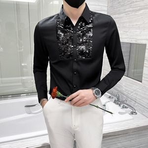 Plus Size 4XL-M Lente Mode Pailletten Spliced Sexy Lange Mouwen Shirts Voor Mannen Kleding 2022 Slim Fit Casual Club smoking