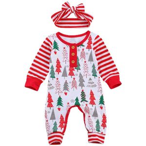 2 Stuks Pasgeboren Baby Meisjes Jongens Kerst Streep Outfits, baby Lange Mouw Ronde Hals Santa Boom Print Romper + Hoofdband