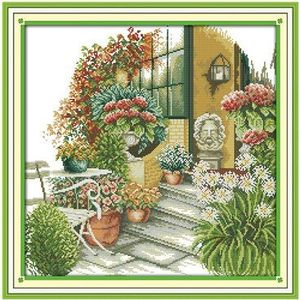 Joy sunday crossstitch leisurely binnenplaats scenic landschap dmc14ct11ctcottonfabric livingroom restaurant hotel schilderen