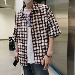 Half Mouwen Mannen Hip Hop Japanse Streetwear Casual Plaid Shirt Man Zomer Mode Harajuku Hawaiian Shirts Voor Jongen