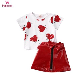 Valentijnsdag Kid Baby Meisje Kleding Sets Liefde Gedrukt T-shirt Tops En Lederen Zip Rok Zomer Outfits 0-5 jaar