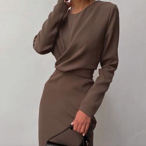 Cryptografische Elegante Lange Mouwen Mode Outfits Midi Jurken Voor Vrouwen Office Lady Wrap Jurk Effen Basic Kleding
