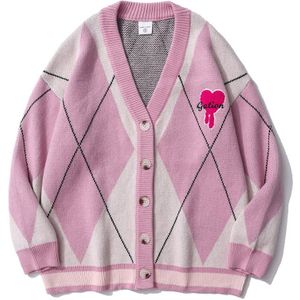 Mannen Harige Letters Borduren Vest Trui Paar Amerikaanse Hart Jacquard Diamant Plaid Casual Trui V-hals Oversized Jas