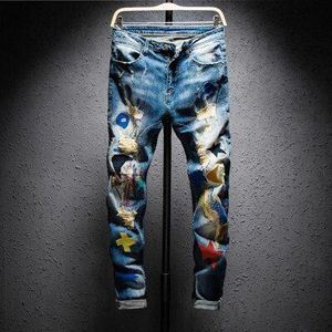 Mannen Streetwear Hiphop Ripped Borduren Slim Fit Jeans Knie Gaten Vernietigd Man Casual Katoen Joggers Bedelaar Denim Broek