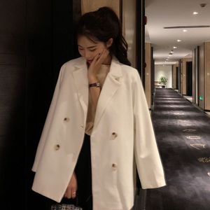 Blazers Vrouwen Beige Herfst Chic Koreaanse Stijl Retro Double Breasted Casual Solid Uitloper Losse Klassieke Populaire Eenvoudige