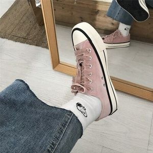 Herfst Student Fluwelen Textuur Roze Canvas Schoenen Koreaanse Mode Alle-Wedstrijd Student Platte Schoenen Klassieke Skateboard Schoenen