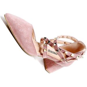 Enkelband Suede Chic Puntschoen Dames Mid Hakken Schoenen Grijs Strappy Dikke Cross Stud Klinknagel Zomer Vrouwelijke Chunky roze