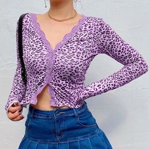 Leopard Gedrukt Vrouwen Y2k Tees Tops Koreaanse Stijl Harajuku Kant Patchwork Shirts Mode Esthetische 90S Tops Cuteandpsycho