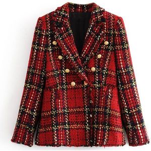Tangada Vrouwen Warme Winter Double Breasted Rood Jasje Office Dames Vintage Plaid Blazer Zakken Werkkleding Tops 3H16