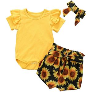 3Pcs Pasgeboren Baby Meisje Kleding Sets Geel Romper Tops Zonnebloem Shorts Hoofdband Zomer Outfit