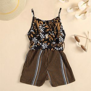 Zomer Romper Voor Baby Baby Meisjes Streep Bloemenprint Spaghetti Band Jumpsuist Met Taille Riem Baby Uitloper 2-7 jaar