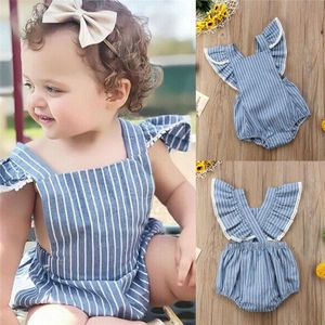 Mode Zomer Peuter Baby Meisjes Romeprs Ruches Mouw Blauw Gestreepte Backless Jumpsuits Bodysuits Outfit 0-24M