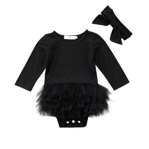 Mode Pasgeboren Baby Meisje Kleding Lange Mouwen Mesh Jumpsuit Solid Bodysuit Kleding Hoofdband Outfit