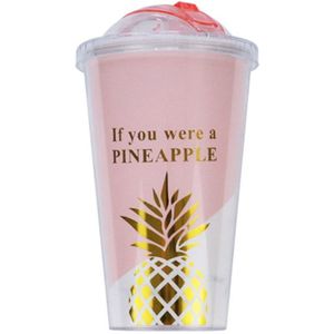 Abui-Creatieve Koffie Mokken Bpa Gratis Plastic Waterfles Roze Ananas Patroon Stro Reizen Draagbare Thee Melk Cup