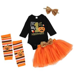 Focusnorm Halloween Pasgeboren Meisjes Jongens Party Kleding Sets Pompoen Print Romper Top Lace Tutu Rokken Hoofdband Beenwarmers