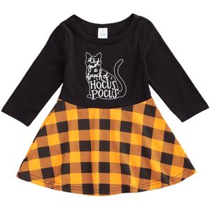 Focusnorm Halloween Kids Meisjes 1-6Y Plaid Print Patchwork Lange Mouw Knie Lengte A-lijn Jurk