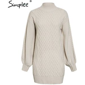 Simplee Casual Half Coltrui Vrouwen Trui Jurk Losse Stijl Grijs Vrouwelijke Gebreide Jurk Herfst Winter Warm Solid Knit Jurken