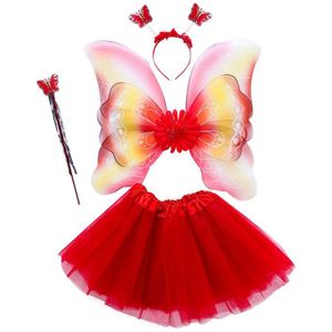 4Pcs Meisjes Fee Kostuum Set Regenboog Vlindervleugels Drie Lagen Tule Tutu Rok Wand Hoofdband Prinses Halloween Party 3-8T