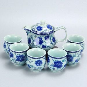 Kung Fu Thee Set, Keramische thee pot pak, Blauw en wit porselein serie, anti verbranden dubbellaags cup, Japanse stijl thee set