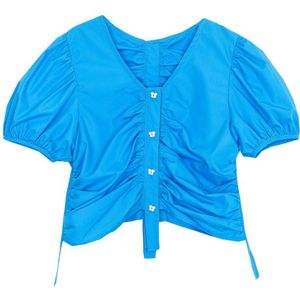 Xitao Blauwe Korte Geplooide Blouse Vrouwen Kleding Zomer Mode Losse Casual V-hals Bladerdeeg Mouw Match Alle Shirt DMY5315