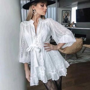 Boho Ge�ïnspireerd Witte Lange Mouw Jurk Katoen Chic Ruches Jurk Vrouwen Borduren V-hals Lente Zomer Jurk Riem Vastgebonden Vestidos