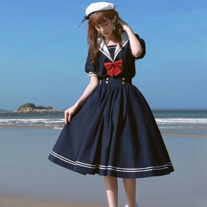 Anbenser Japanse Zoete Lolita Jurk Harajuku Sailor Kraag Marine Jurken Vintage Boog Kawaii Meisjes Preppy Stijl Lange Mouw Jurk