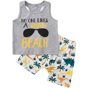 2 Stuks Peuter Jongens Zomer Pakken Casual Trainingspakken Sportkleding Mouwloze Racer Back Tops Cartoon Dinosaurus Print Shorts Set